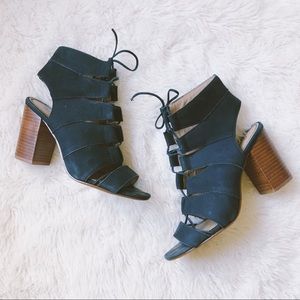 Navy Suede Sandal Stacked Heel w/ Tie Up / Lace Up